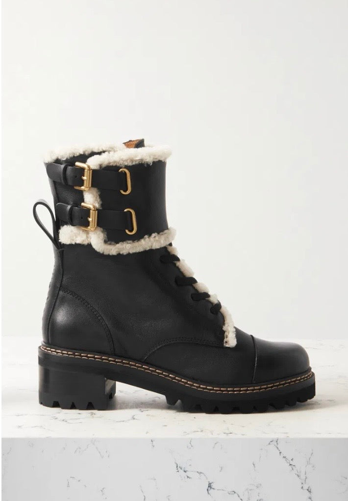 SEE BY CHLOÉ Mallory Shearling-Lined Leather Combat Boots