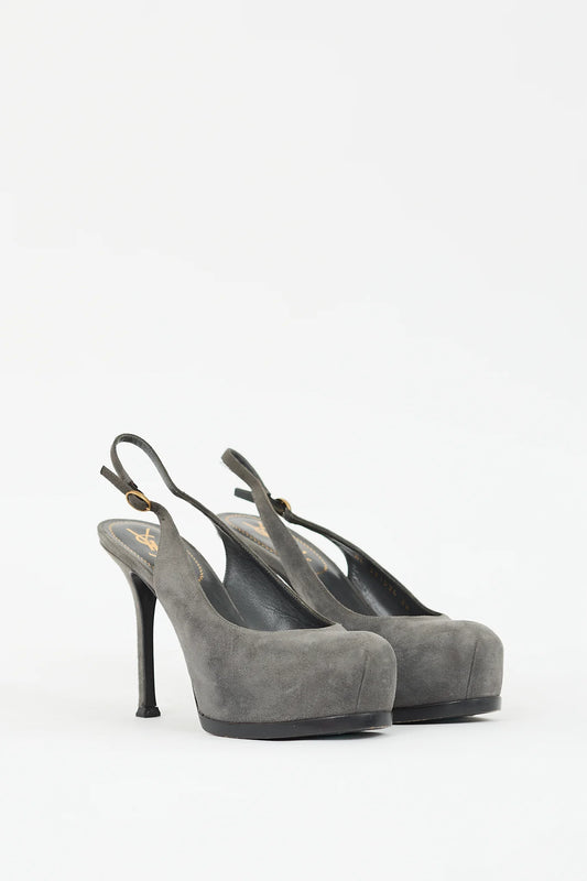 YSL grey suede slit back heels