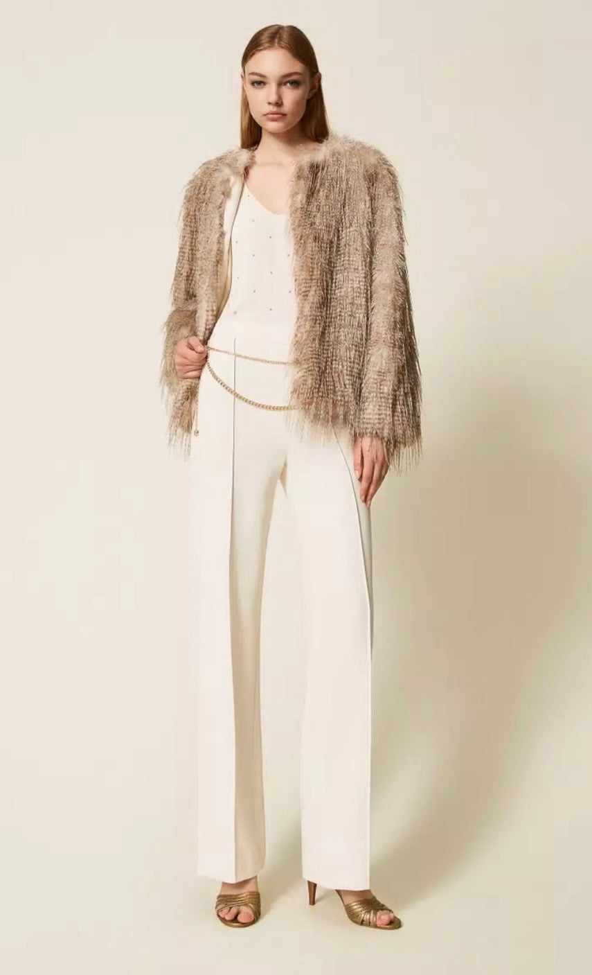 Twinset crepe cady cream pleated pants with gold chain
