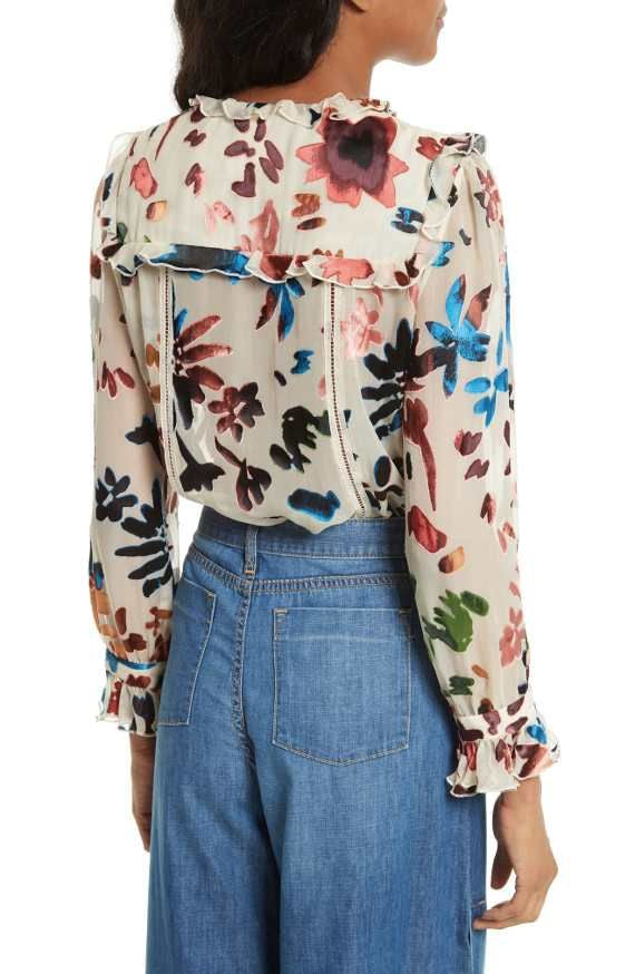 Alice + Olivia Sheer Ruffle Multicolour Print Button Up Blouse