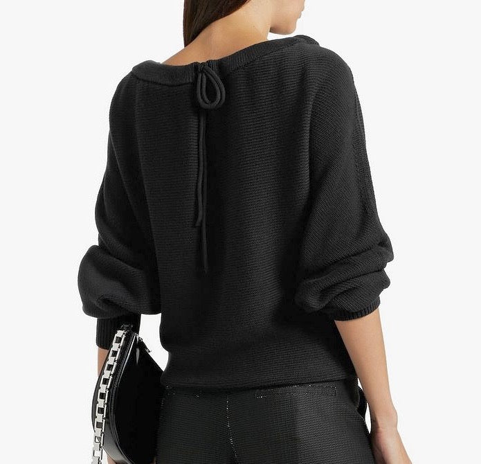 HELMUT LANG black long sleeve knit sweater, wide neck with rope tie