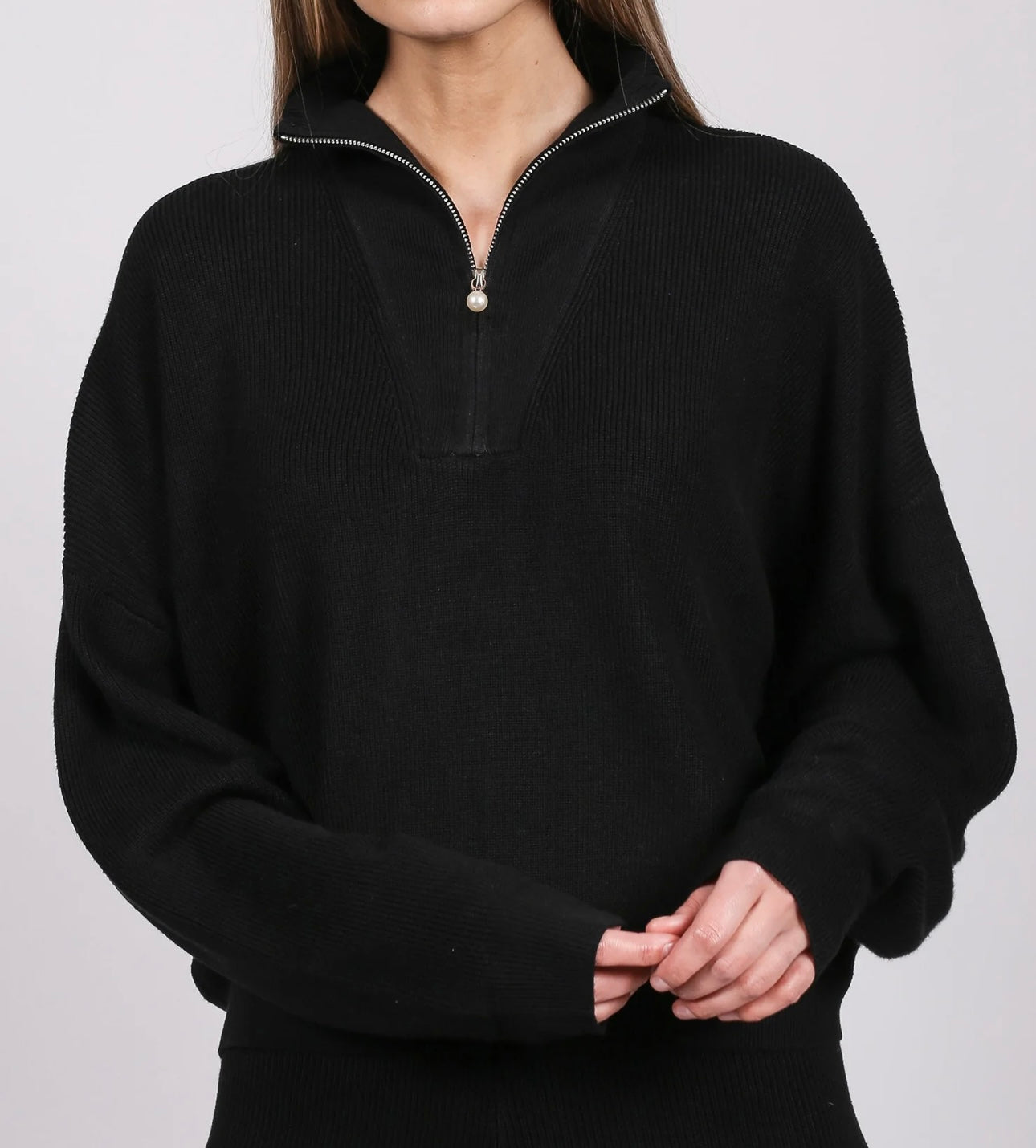 BRUNETTE THE LABEL - THE RIBBED KNIT HALF-ZIP POPOVER | WITH PEARL