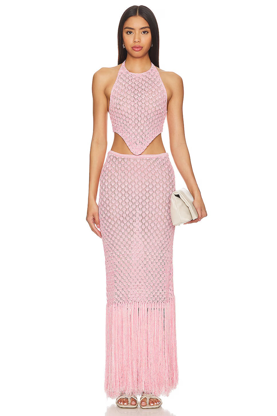 DEVON WINDSOR pink fringe crochet skirt