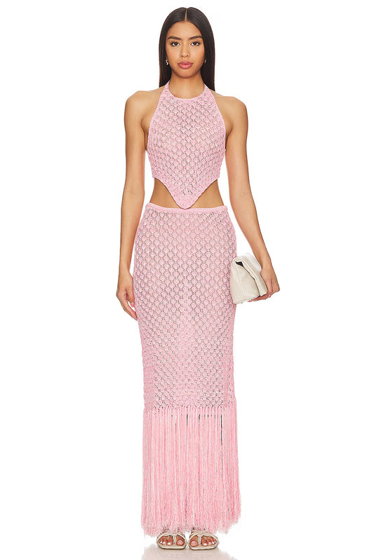 DEVON WINDSOR pink fringe crochet skirt