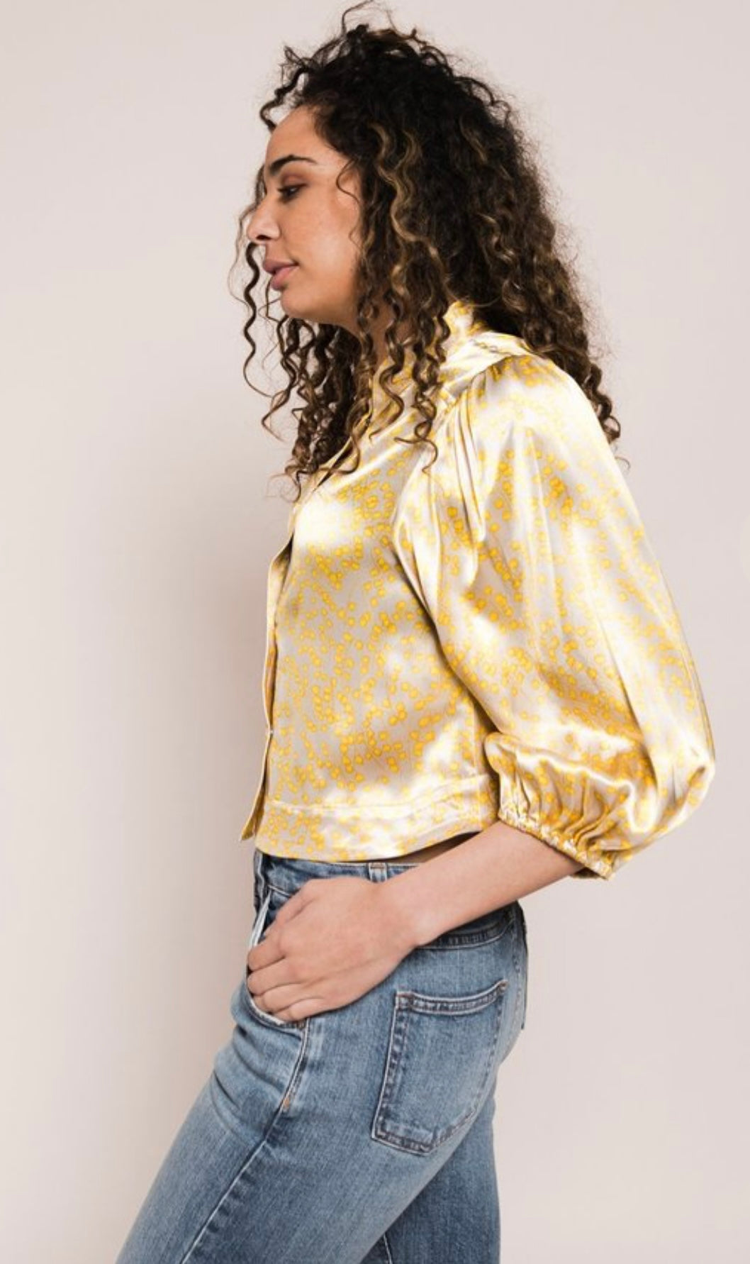 GANNI yellow and cream floral snap button blouse