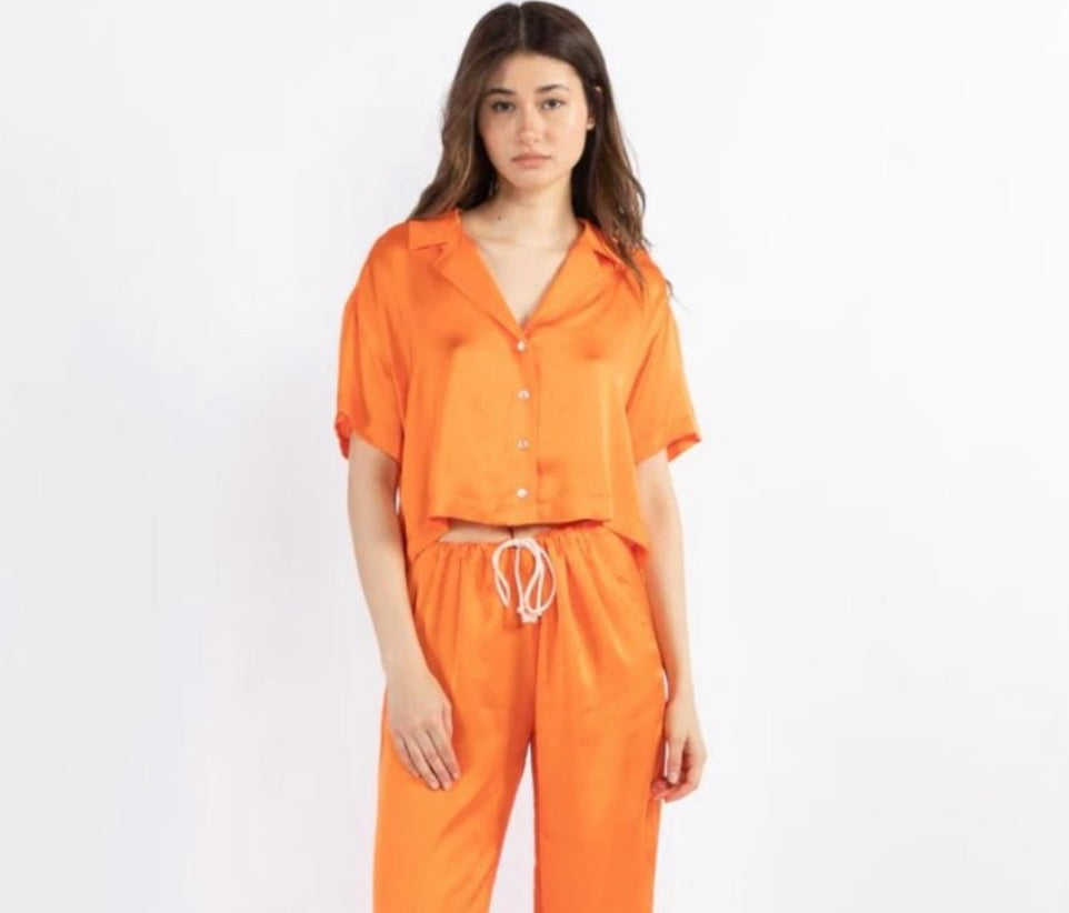 DONNI- Orange Silky Short-Sleeve Shirt
