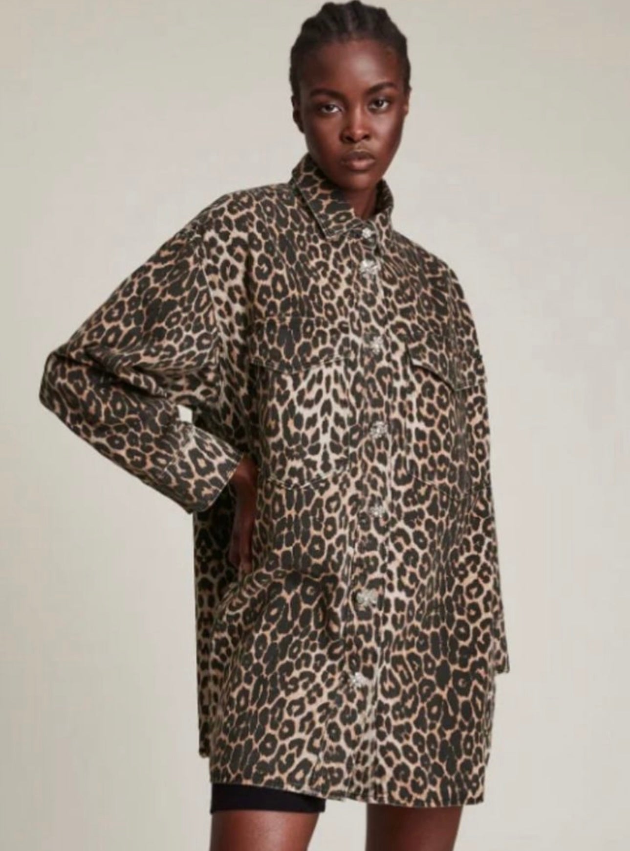 ALLSAINTS
Lily Leopard Print Denim Shacket Dress