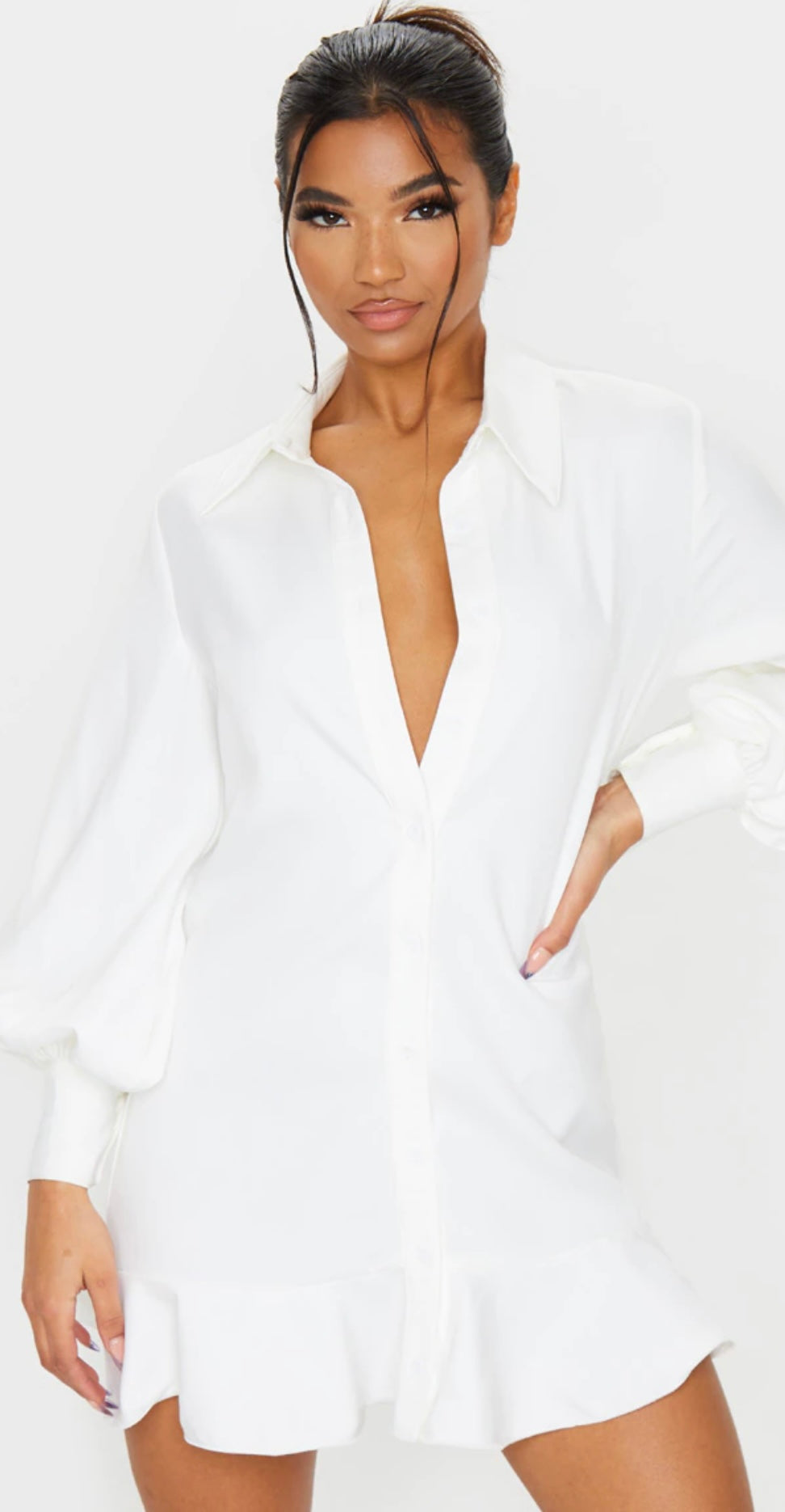 PRETTYLITTLETHING- White Frill Hem Shirt Dress