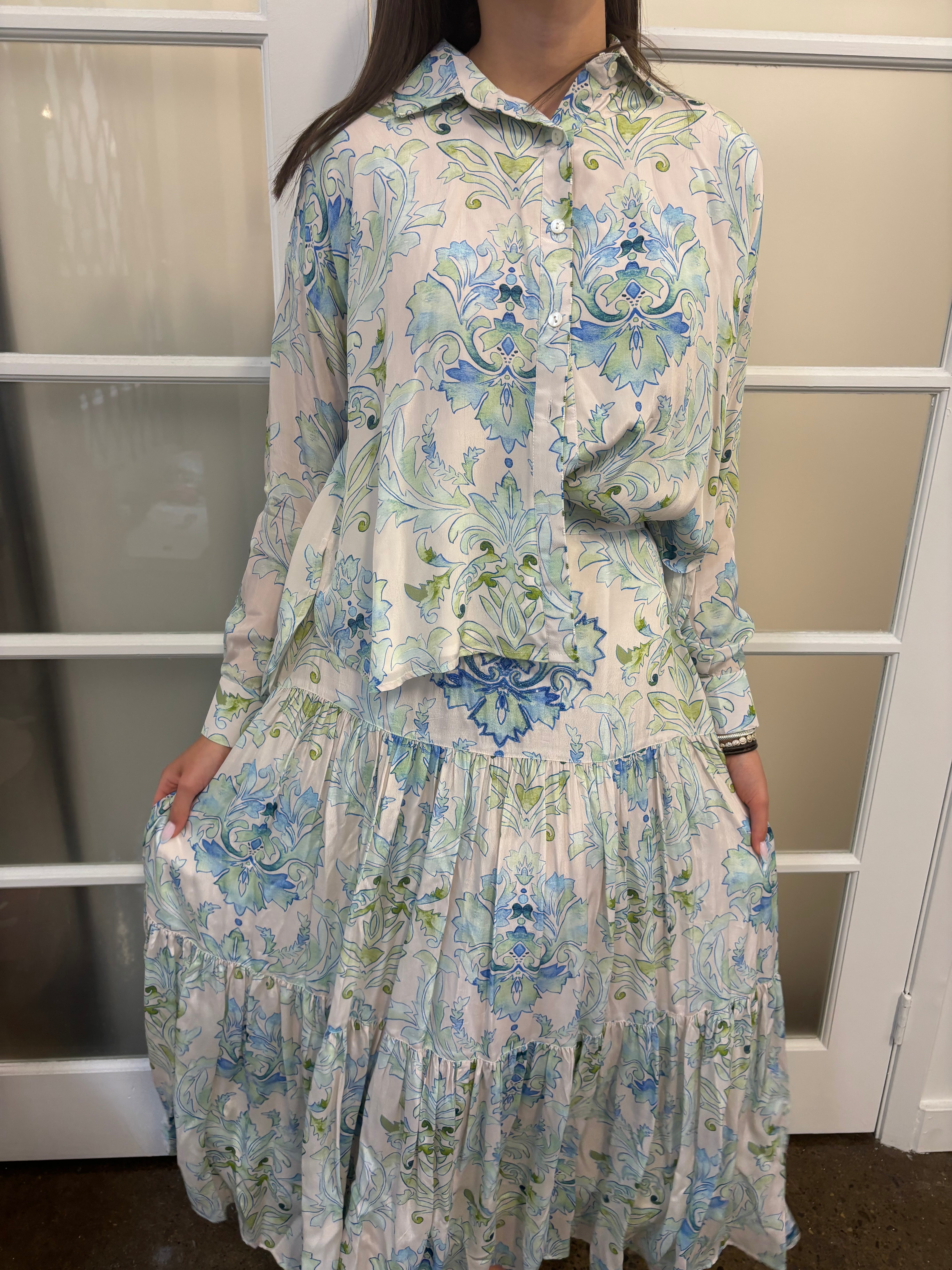 White, Blue & Green TAJ by SABRINA CRIPPA SOLE BLOUSE, AMARA, Small