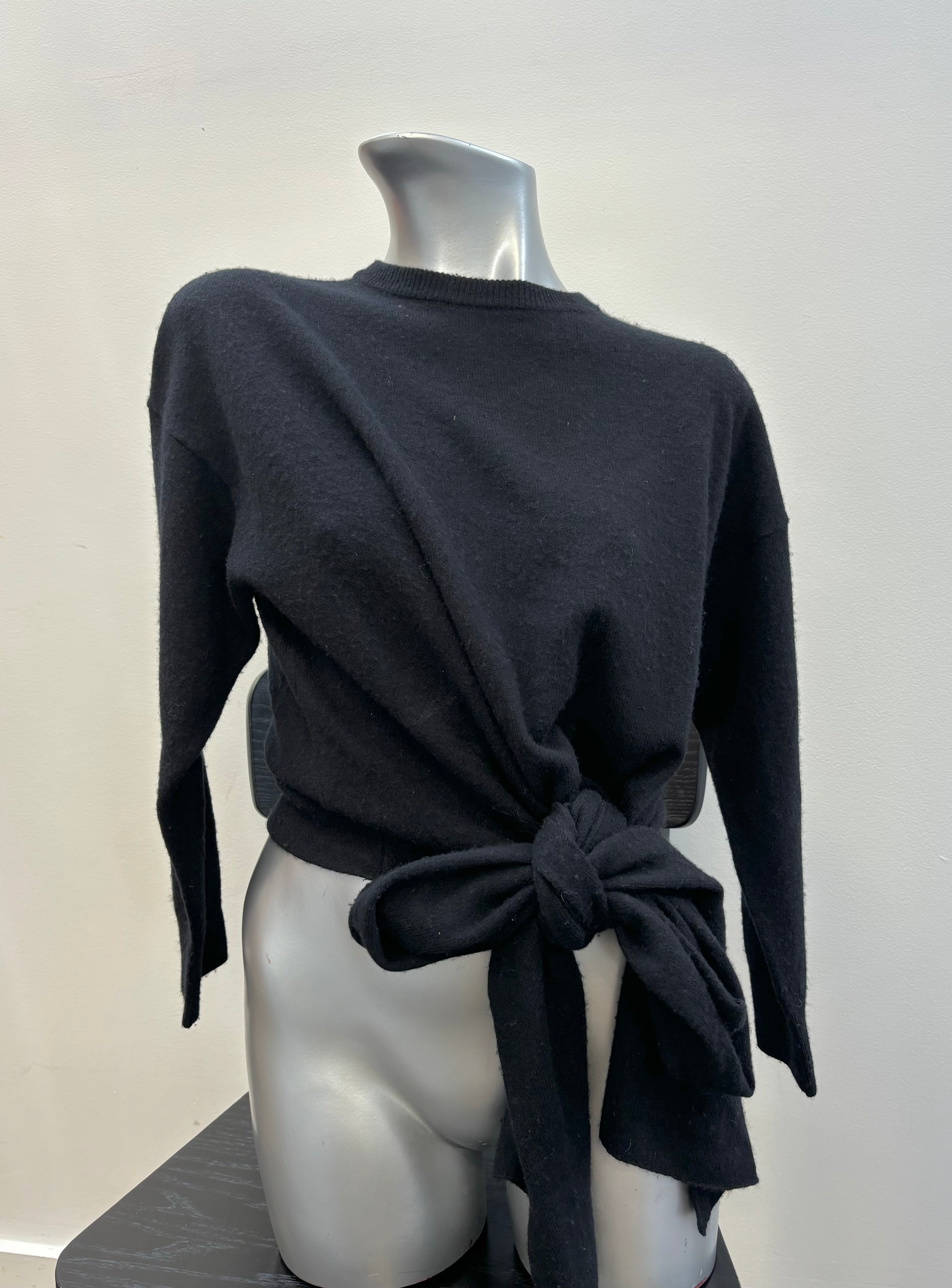 MICHELLE MASON black wool long sleev crew neck, long drapes to tie around waist