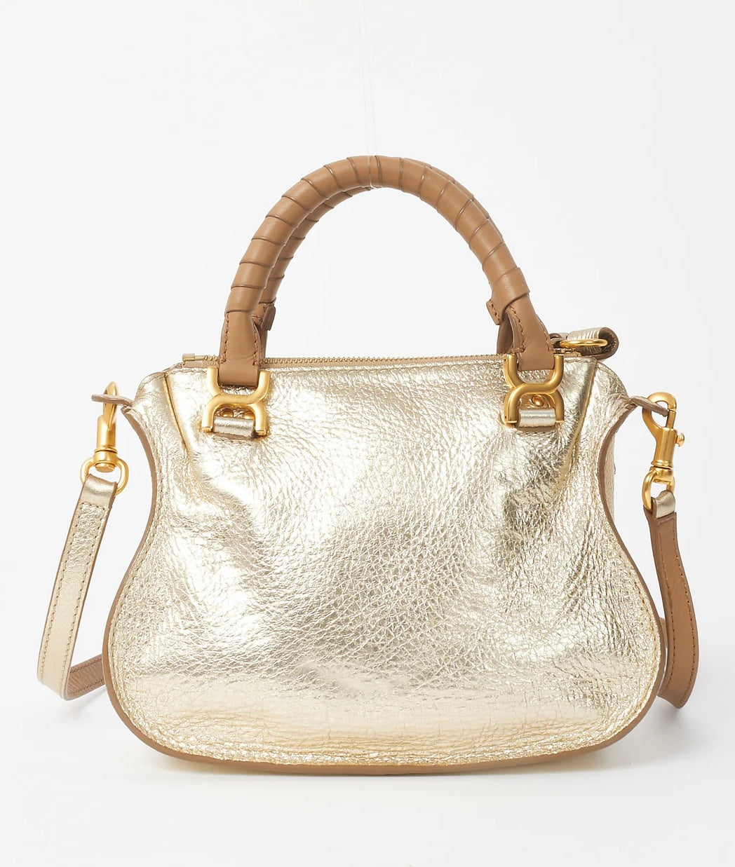 Chloe Metallic Gold Calfskin Leather Mini Marcie Shoulder Bag w/ Strap