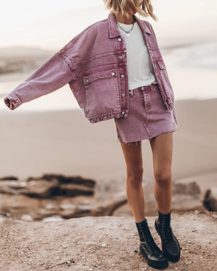 MIKUTA pink oversized denim jacket with elastic