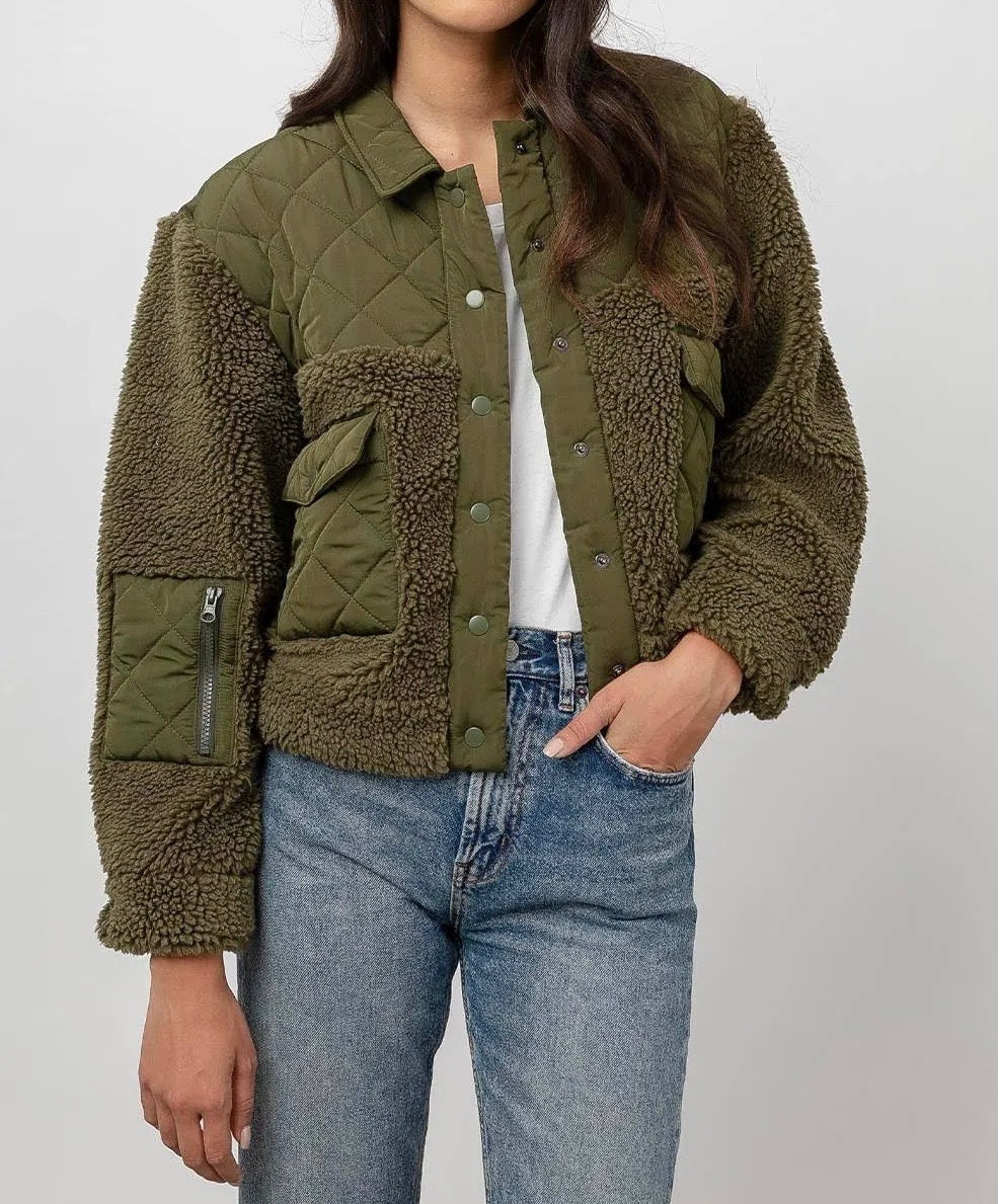 RAILS "Peyton" green sherpa + quilted sweater/jacket, button closure, pockets