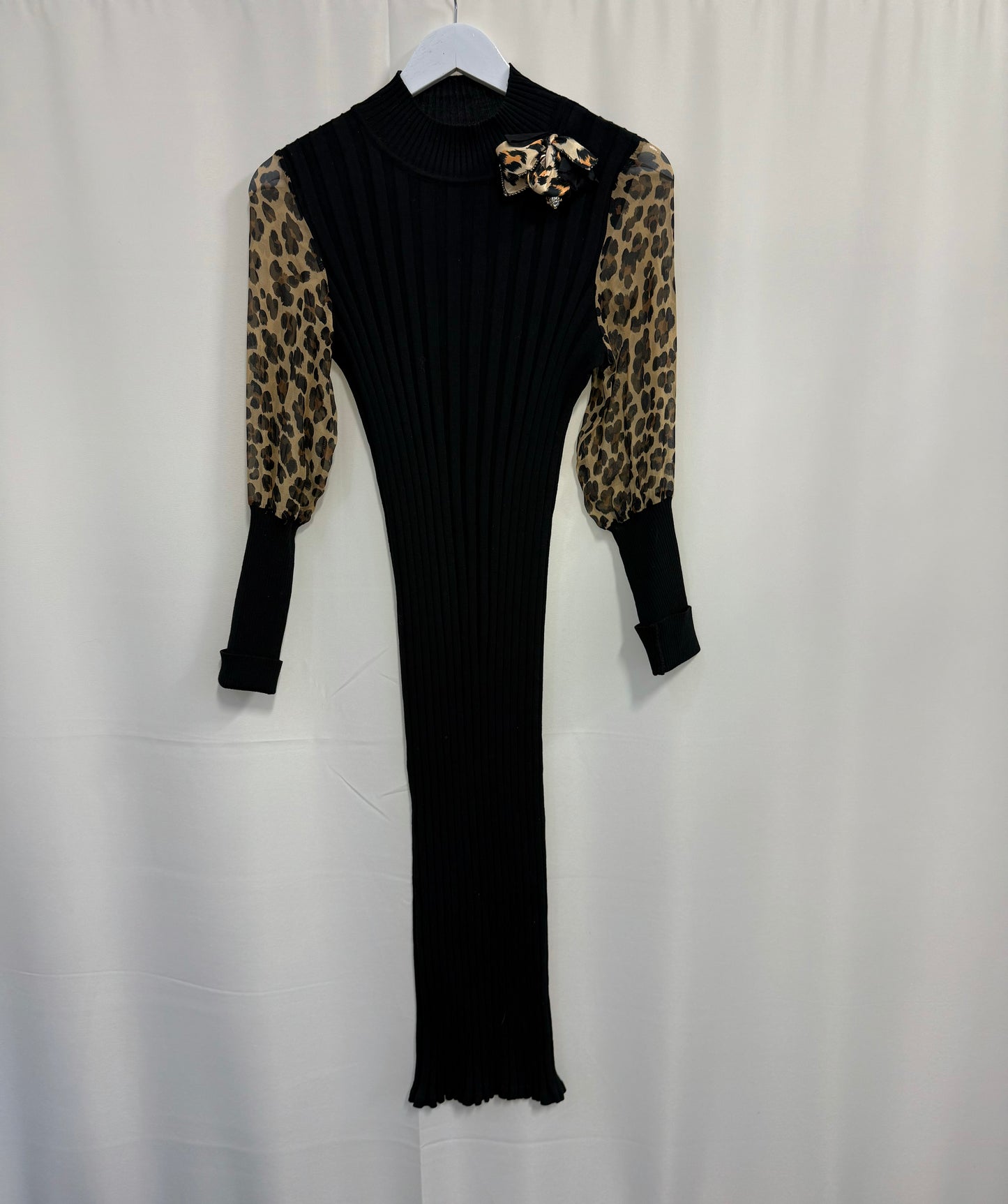 Daniela Drei - Black Ribbed Dress with Chiffon Leopard Sleeves