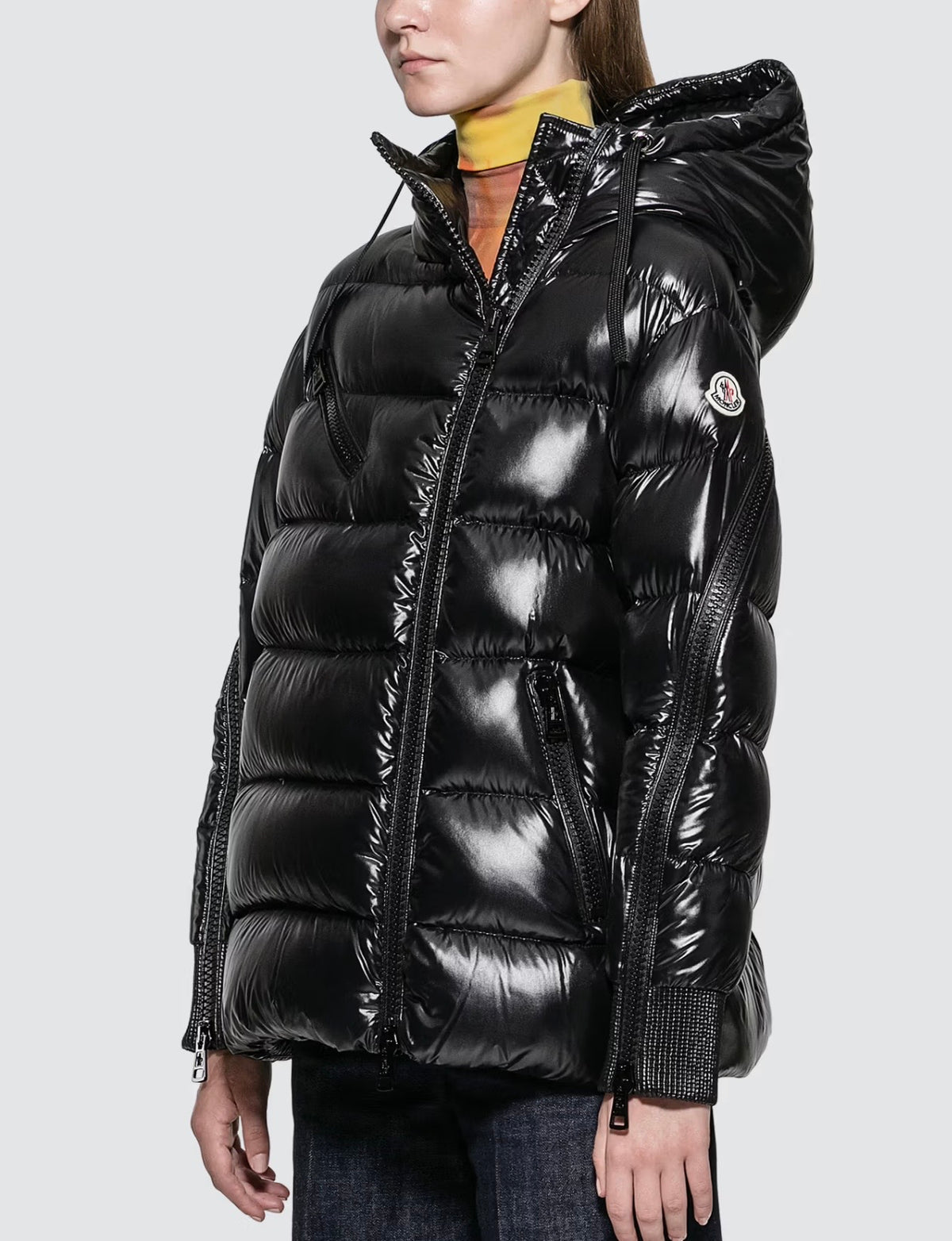 MONCLER BLACK HOODED ARM ZIP PUFFER JACKET