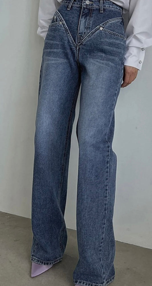 COMMENSE - VINTAGE WASH DENIM STRAIGHT LEG JEANS