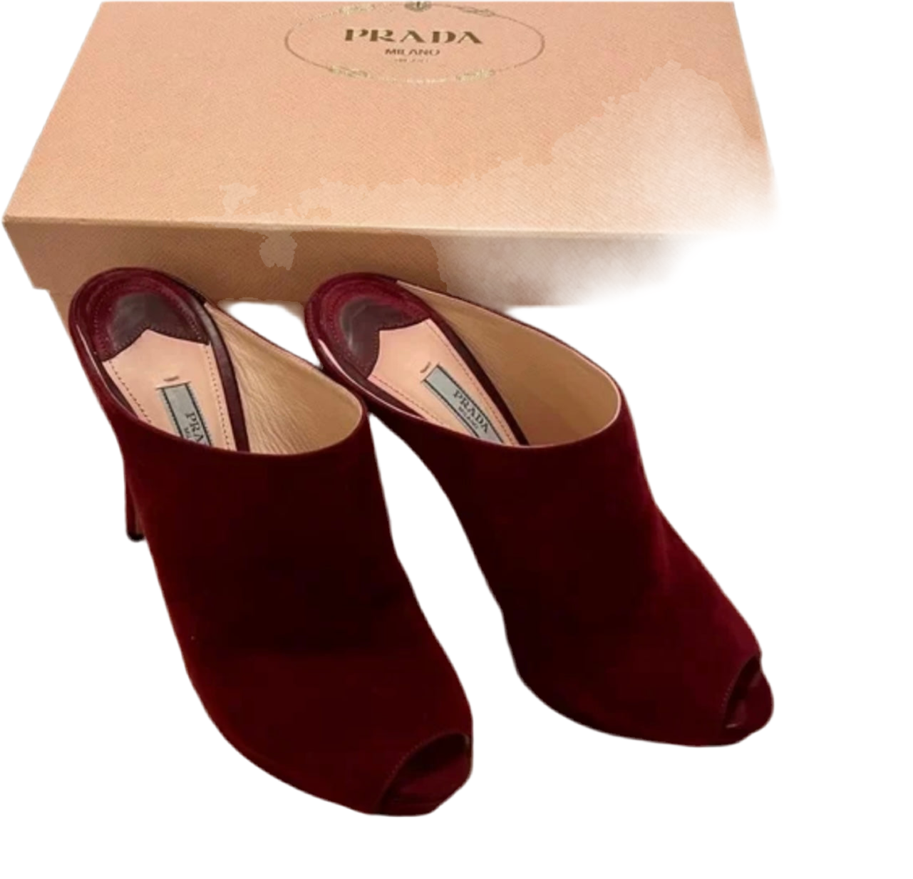 Prada- Burgundy Suede Peep Toe Mule Heel