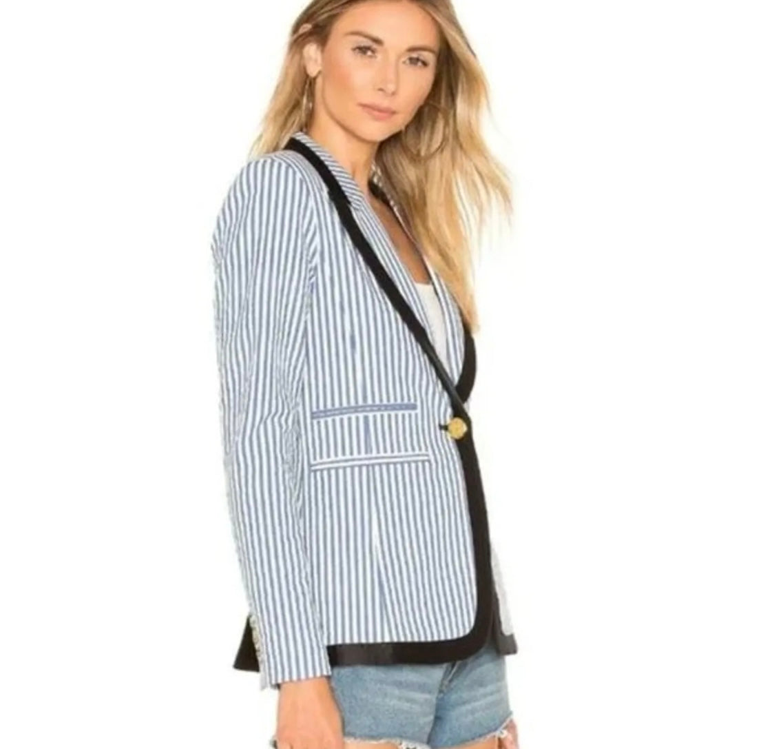 SMYTHE - Taped Peaked Lapel Blazer in Blue Seersucker