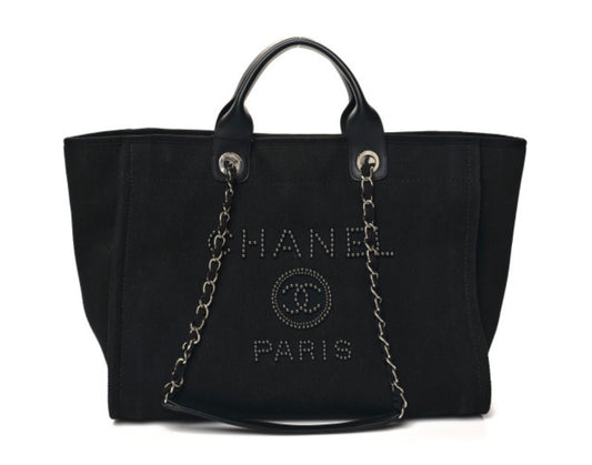 Pre-loved CHANEL Canvas Pearl Medium Deauville Tote Black