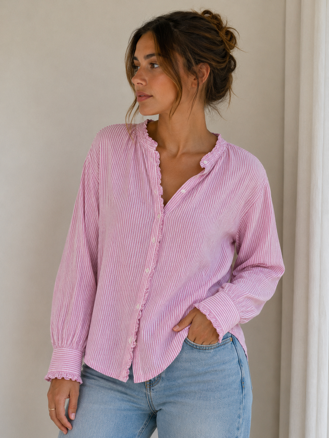 XIRENA pink and white stripe long sleeve button up with tiny ruffles