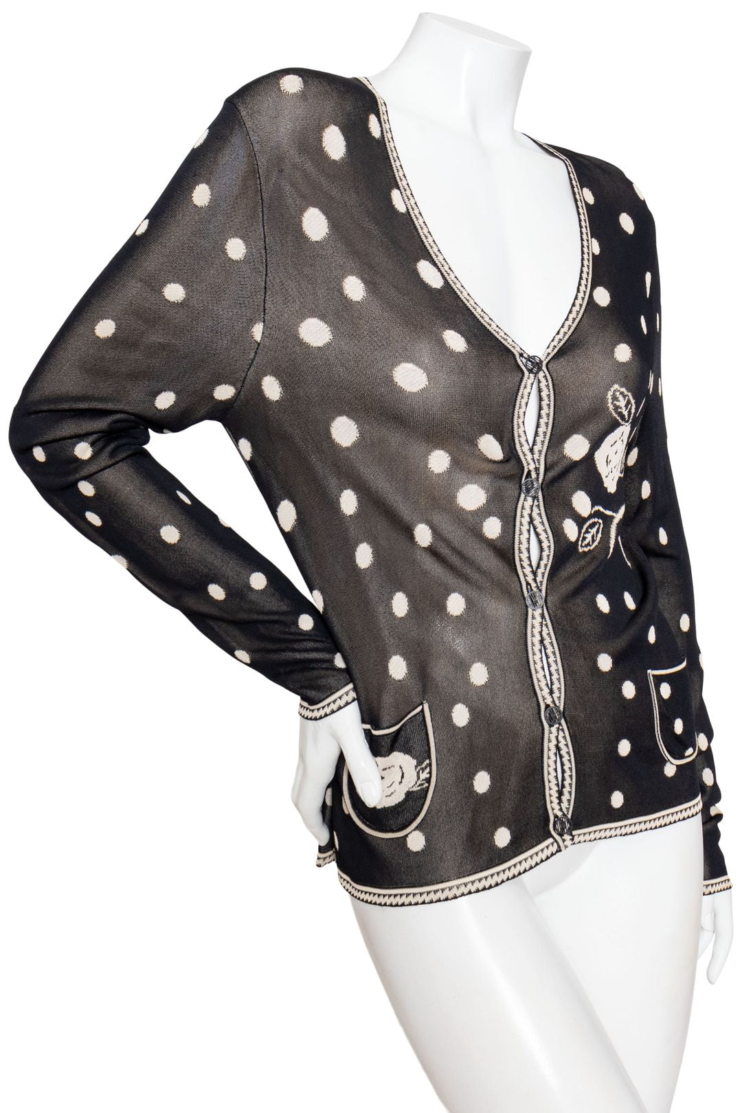 CHANEL black and nude polka dot cardi with floral detailing