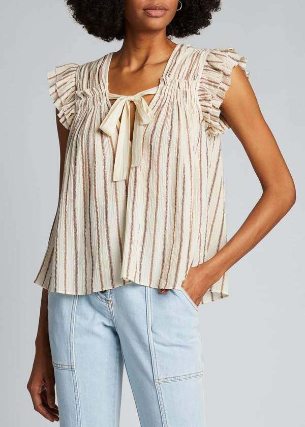 ULLA JOHNSON cream tshirt blouse, metallic copper and blue stripes, strings by neck