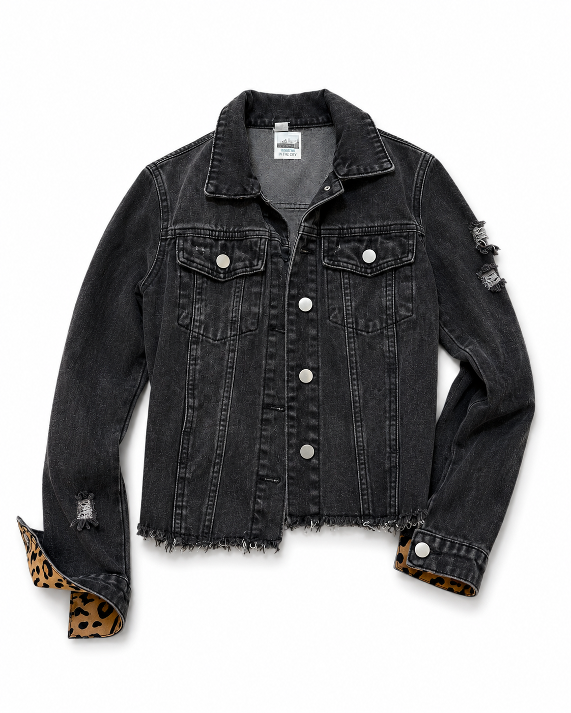 UNKNOWN BRAND Black Denim Jacket with Leopard Back Panel