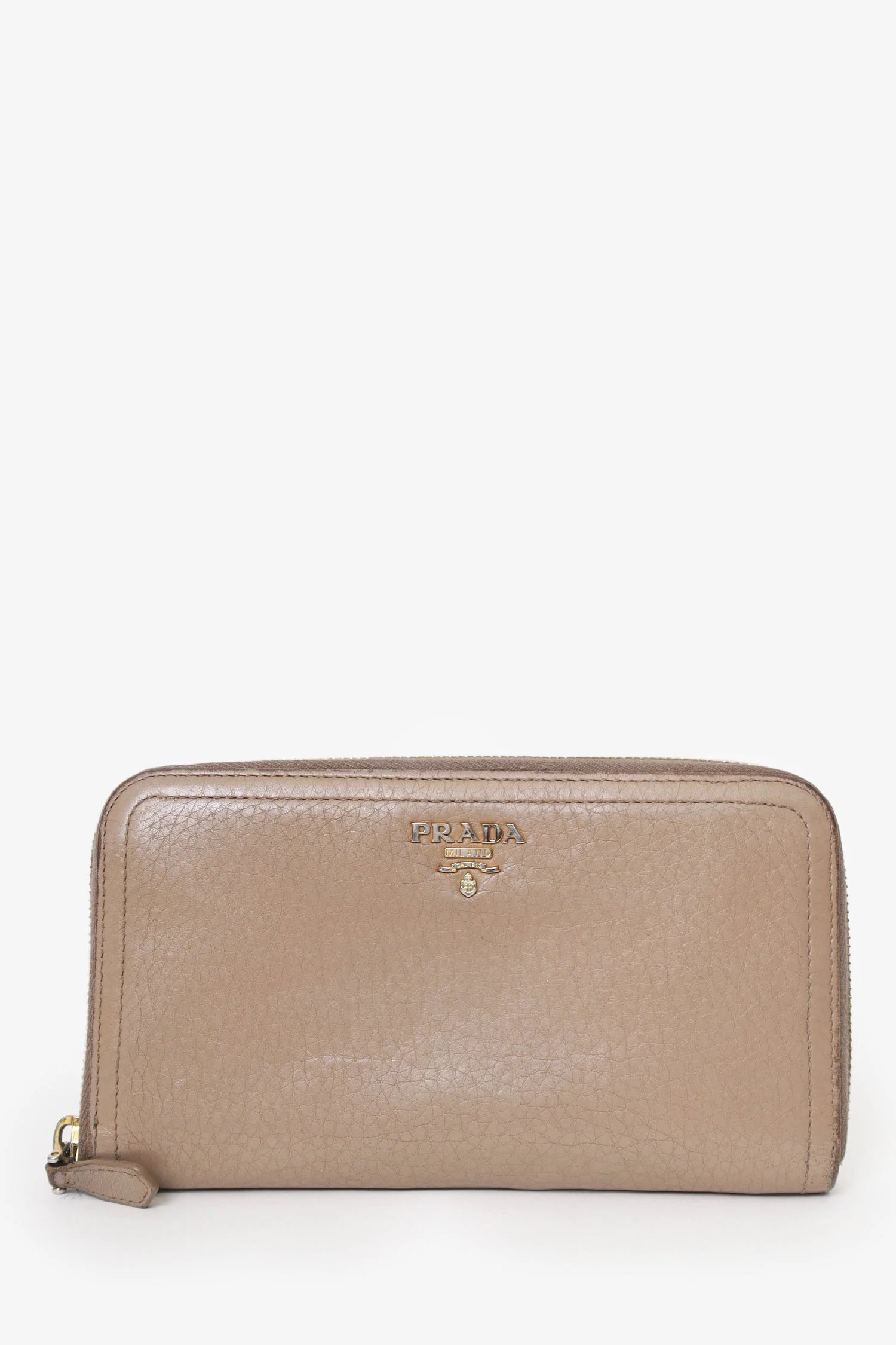 PRADA vitello daino leather zip around wallet in brown