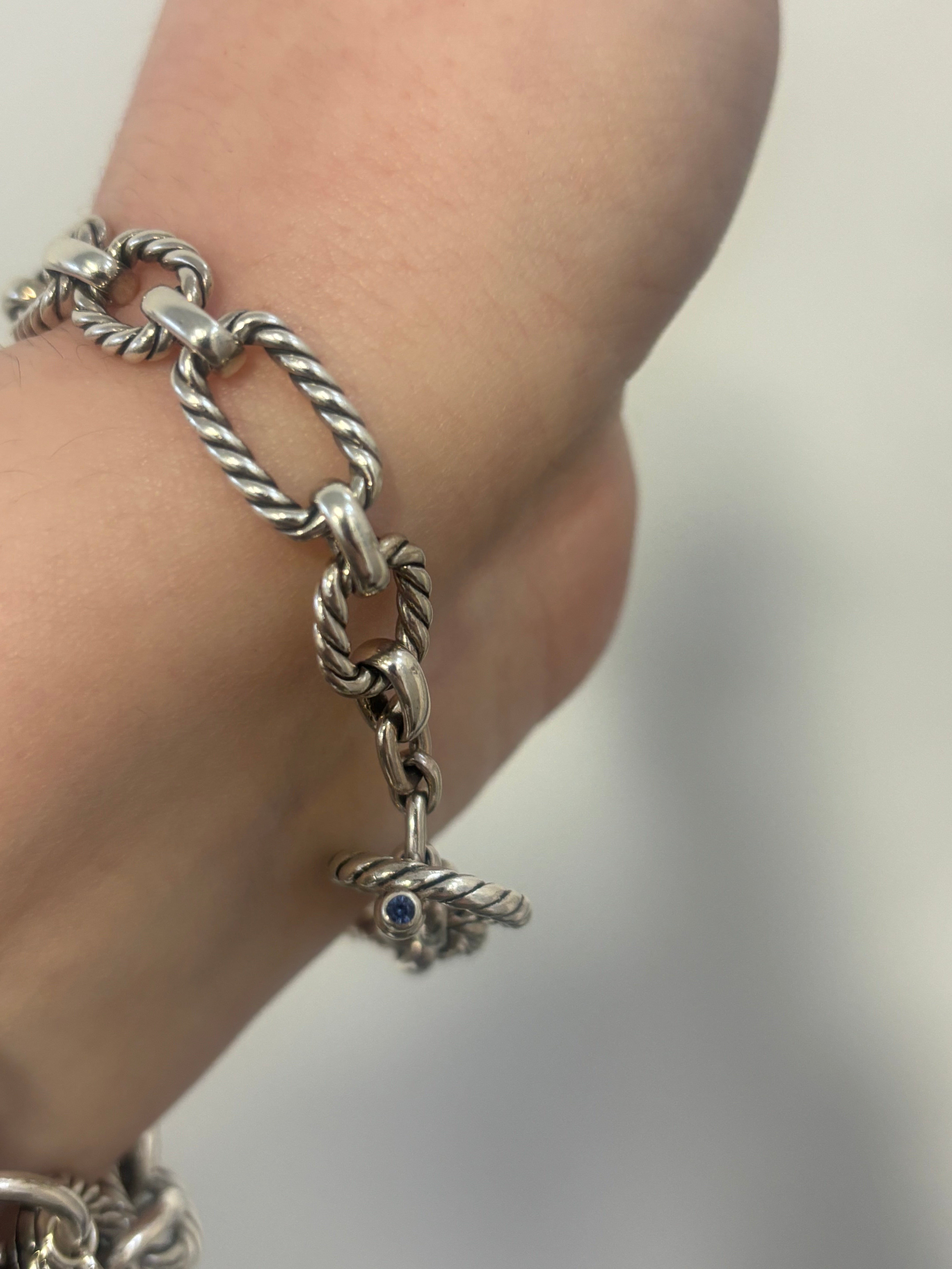 DAVID YURMAN silver chain bracelet with tiny blue stones on T bar