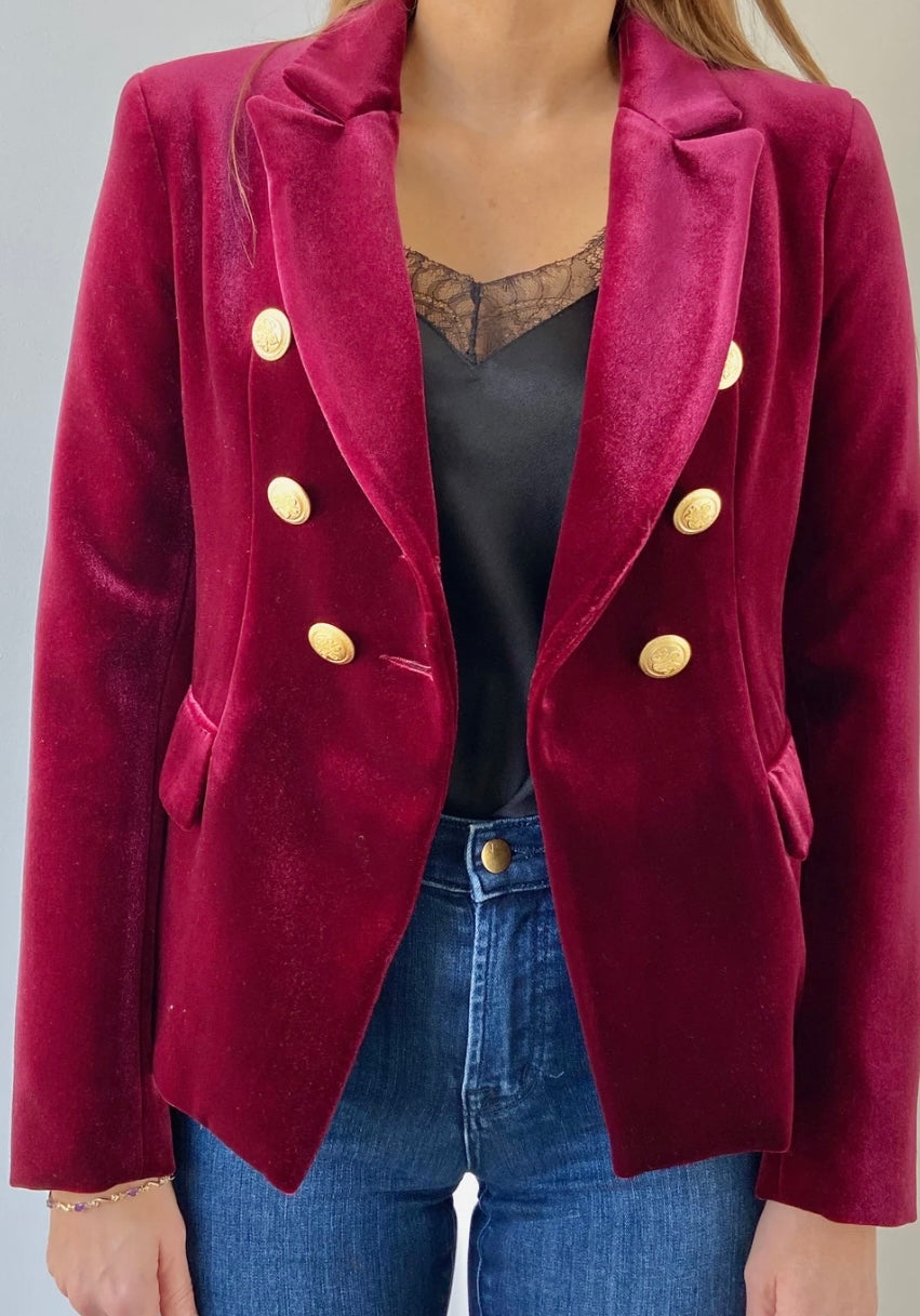 Loa Label - Sophia Gold Button Burgundy Velvet Blazer