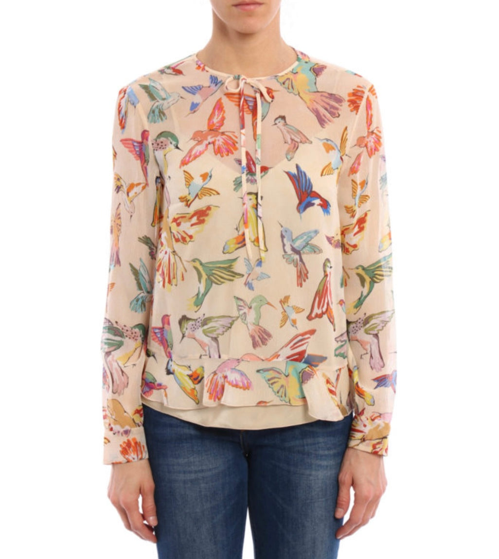 RED VALENTINO 
Hummingbird print silk blouse