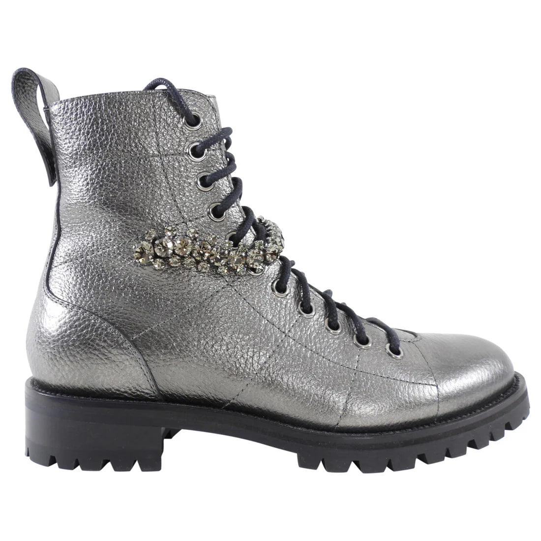 JIMMY CHOO Cruz flat anthracite metallic graint leather w crystal - silver combat boot w crystals, w box