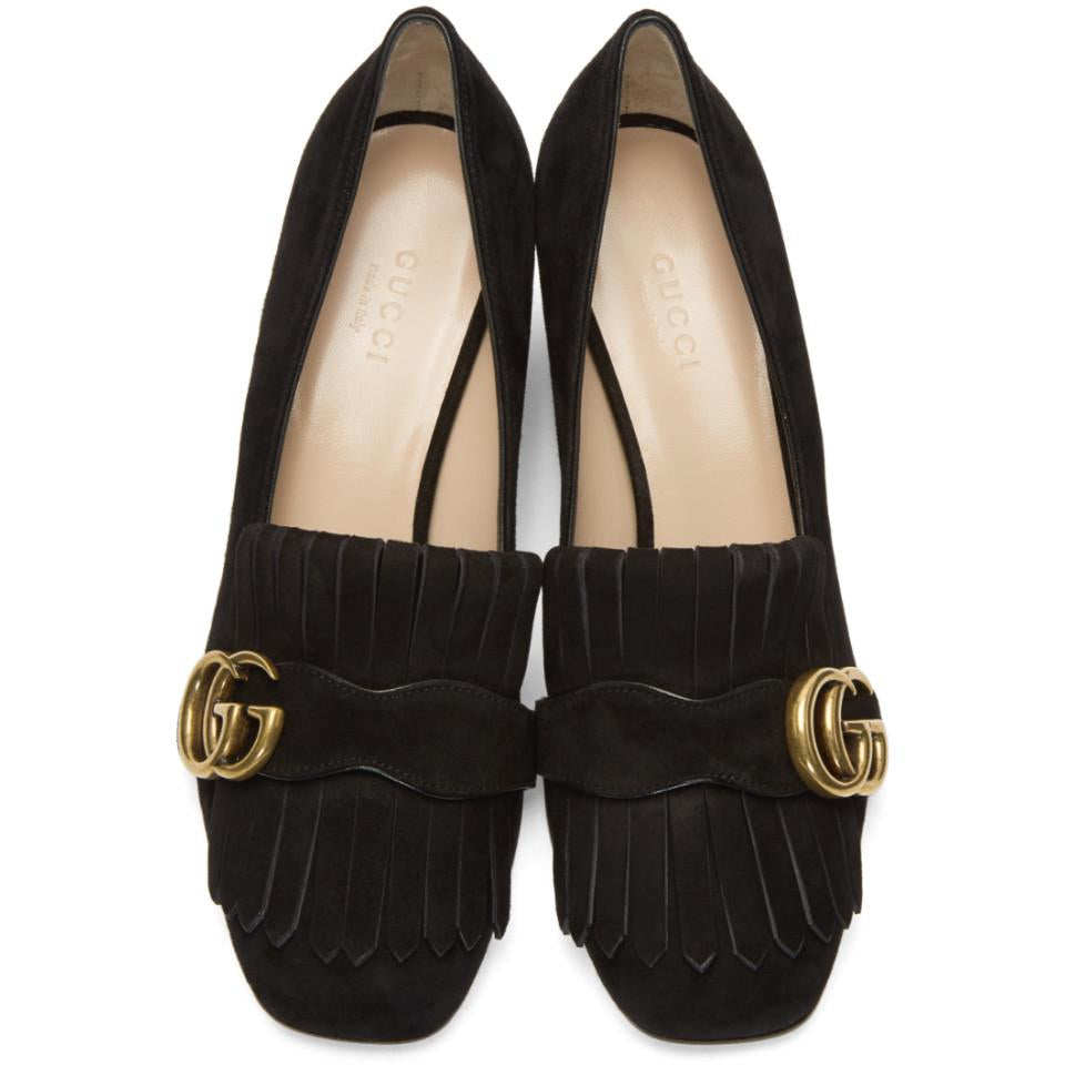 GUCCI marmont black suede heel fringe pumps