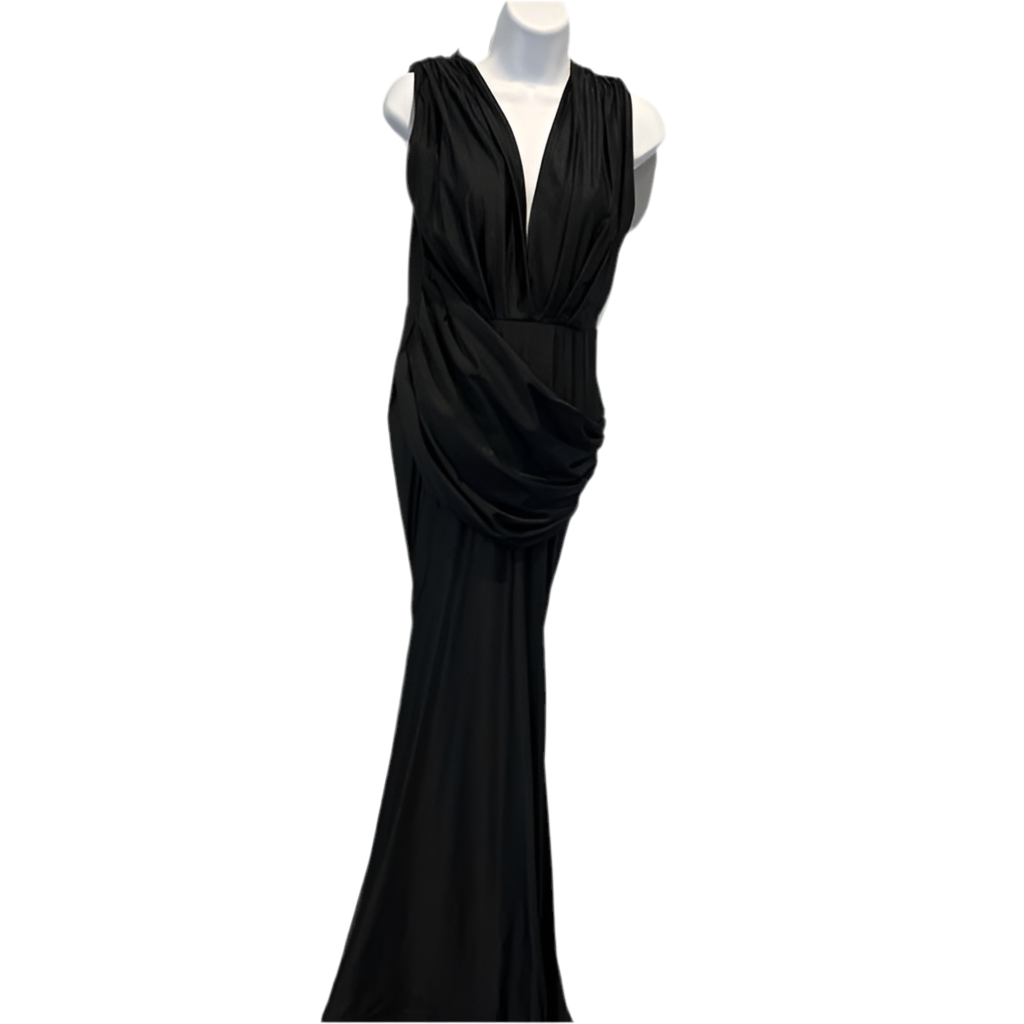 JESSICA ANGEL long black gown, sleeveless with deep plunge v neck, with draping