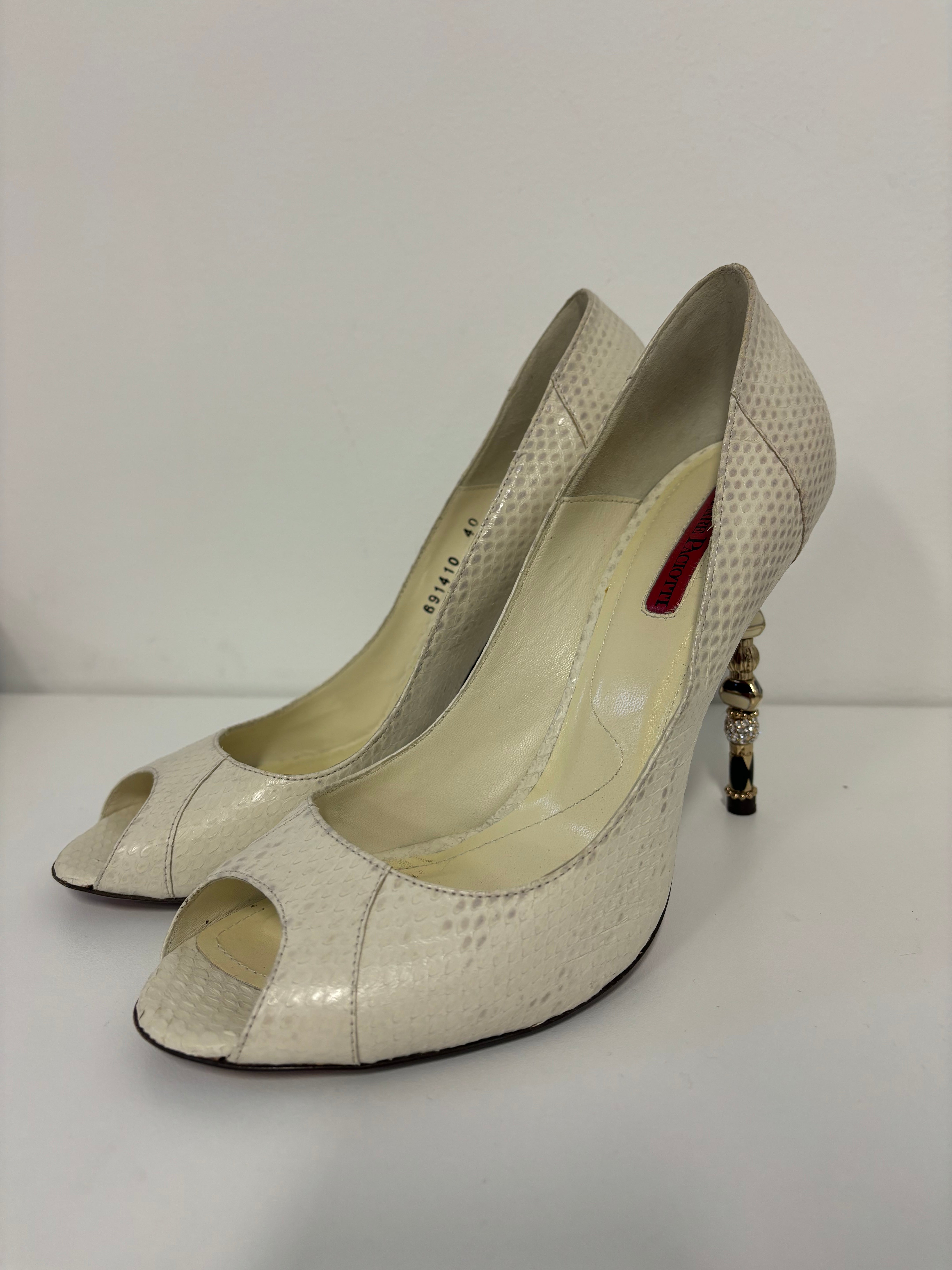 CESARE PACIOTTI ivory snake print pump with jewelled heels