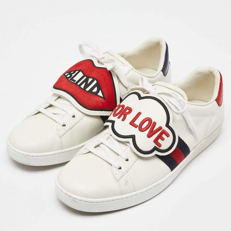 GUCCI white sneaker with BLIND FOR LOVE in red writing on top, w dust bags and box