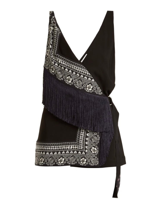 Altuzarra Cheyanne Deep V-neck Scarf-print Stretch-cady Top In Black, Midnight-blue And White