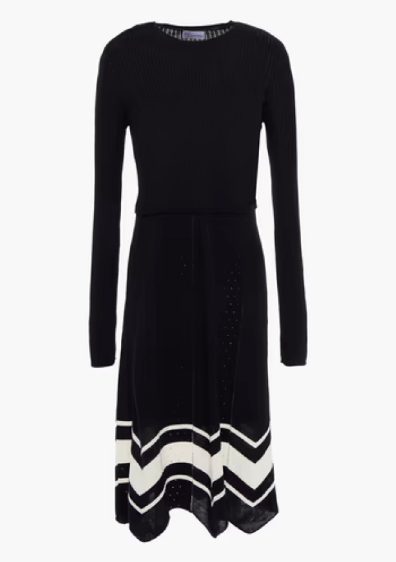 RED VALENTINO BLACK LONGSLEEVE RIBBED MAXI DRESS WITH BLACK AND WHITE BOTTOM TRIMMING