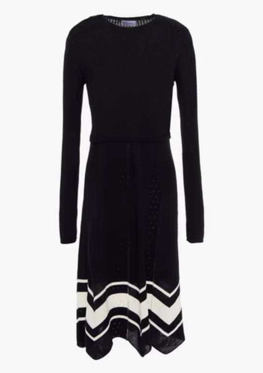 RED VALENTINO BLACK LONGSLEEVE RIBBED MAXI DRESS WITH BLACK AND WHITE BOTTOM TRIMMING