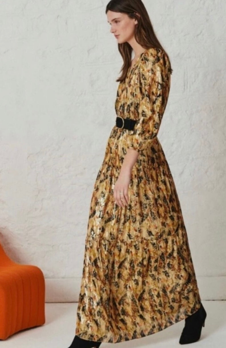 BA&SH Gullian Robe Maxi Dress Long Sleeve Gold Metallic Print