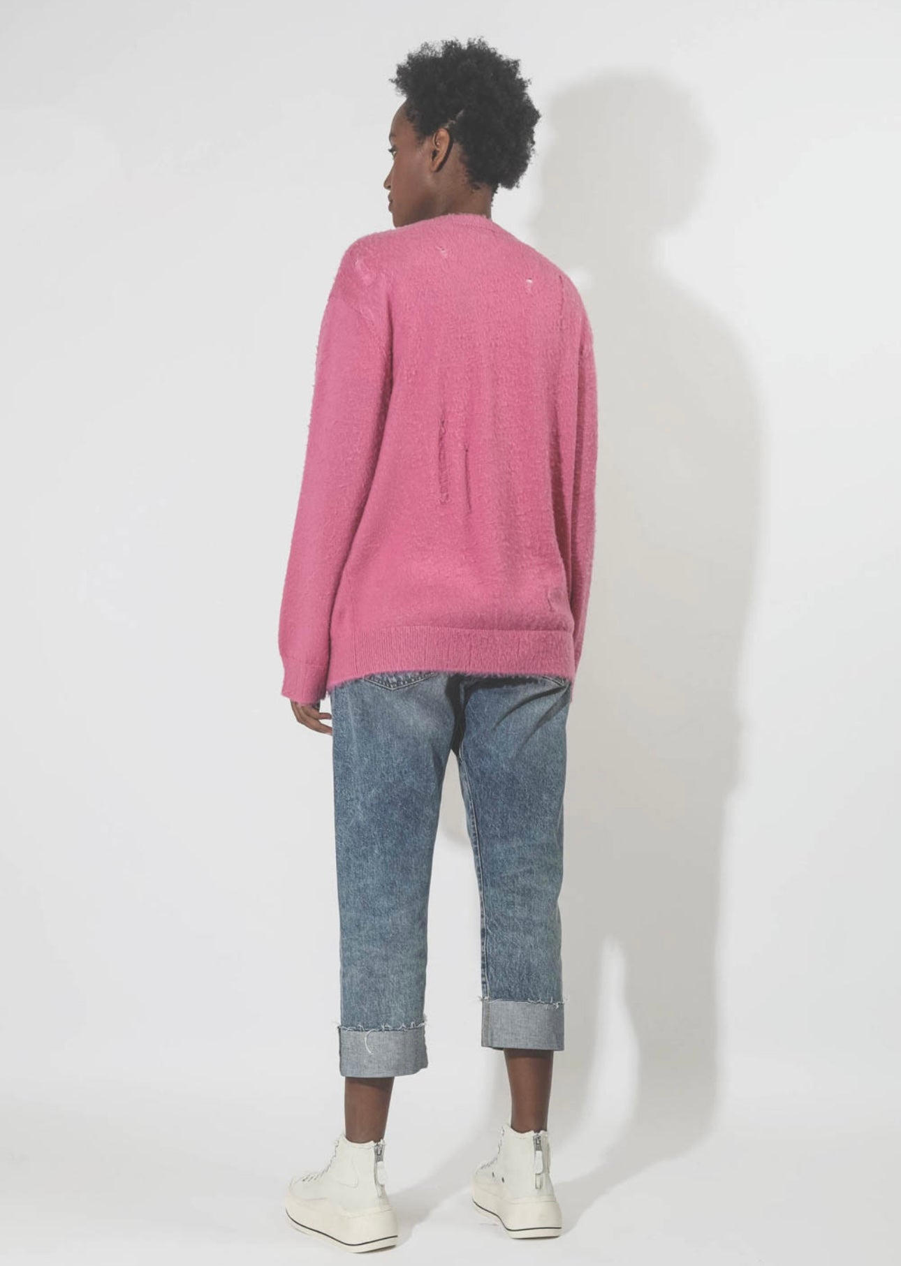 R13 Denim Collection Shaggy Oversized Distressed Edge Cardigan - Pink