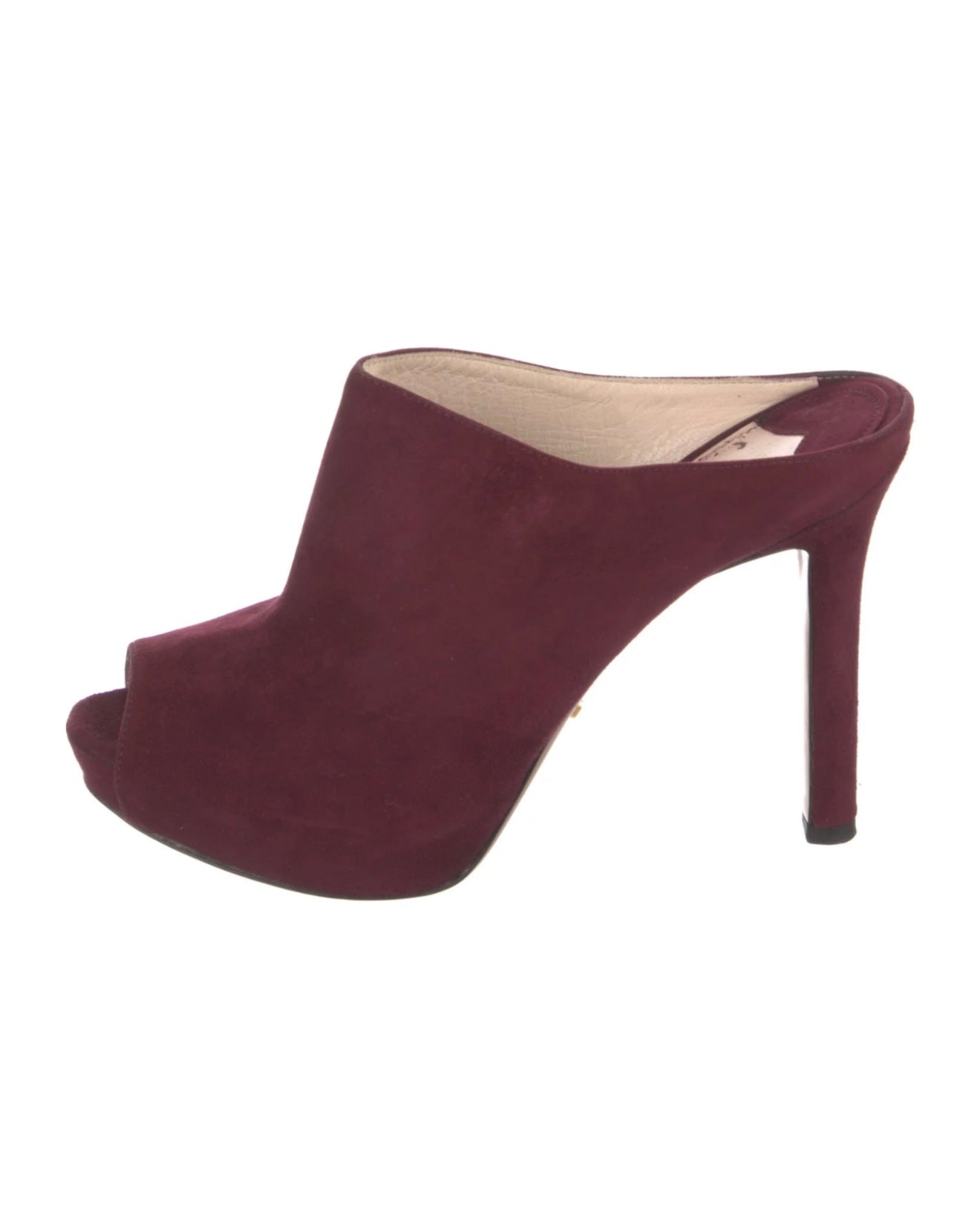 Prada- Burgundy Suede Peep Toe Mule Heel