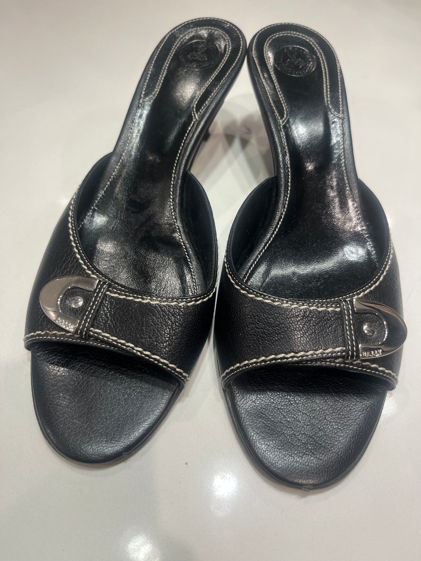 BALLY black leather buckle open toe slides with kitten heel