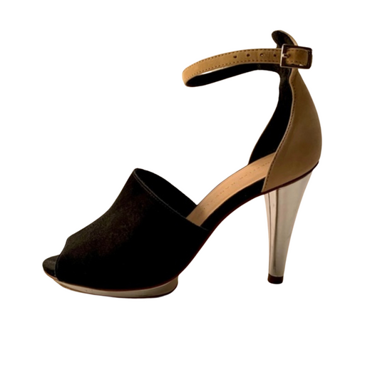 LOEFFLER RANDALL black suede with tan ankle strap and silver heel