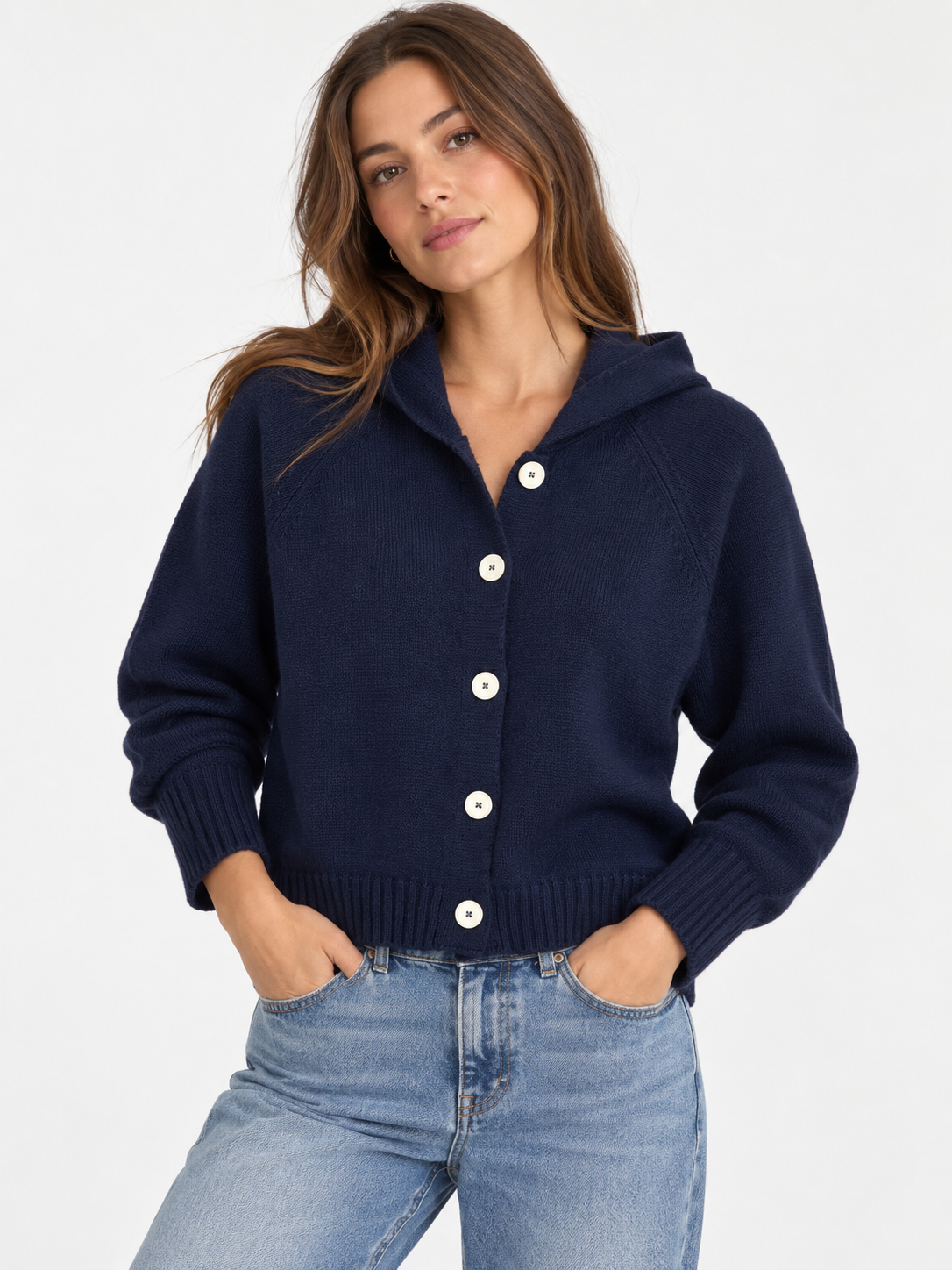 JEANA SOHN  100% wool navy sweater/cardigan w white buttons (no size tag)