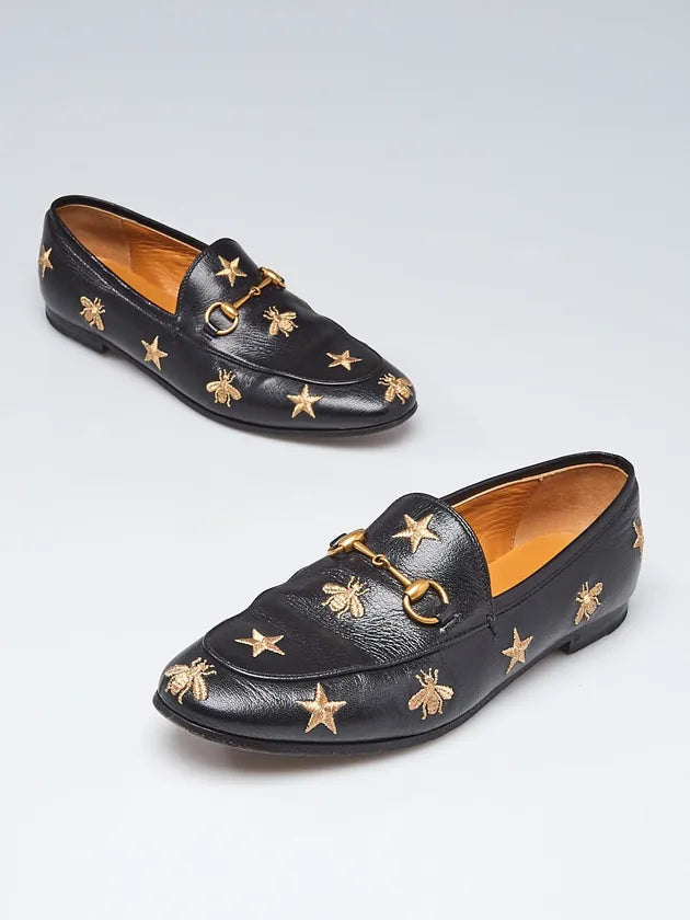 GUCCI black leather embroidered bee horsebit slip on loafer