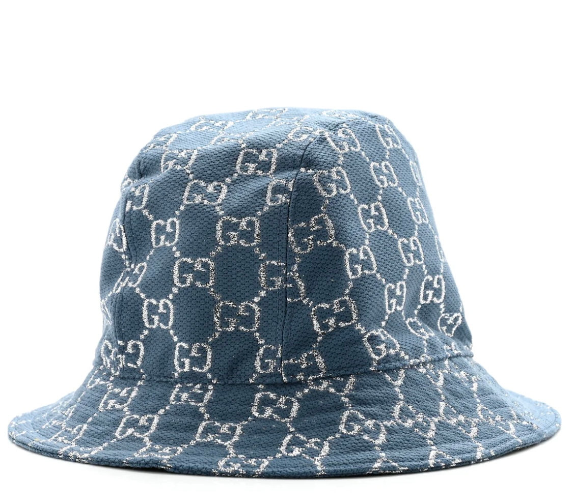 GUCCI blue denim bucket hat with silver logo all over