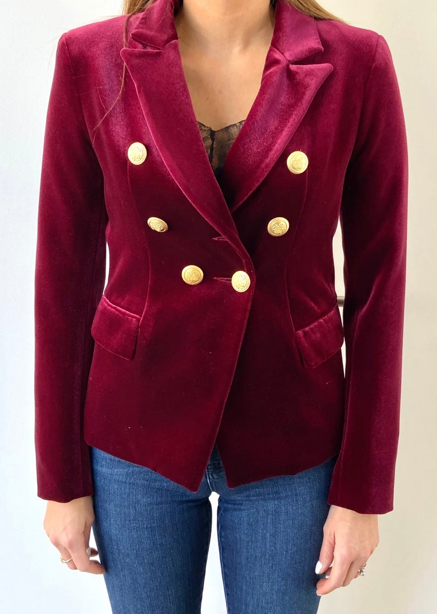 Loa Label - Sophia Gold Button Burgundy Velvet Blazer