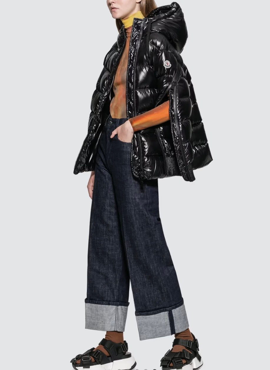 MONCLER BLACK HOODED ARM ZIP PUFFER JACKET