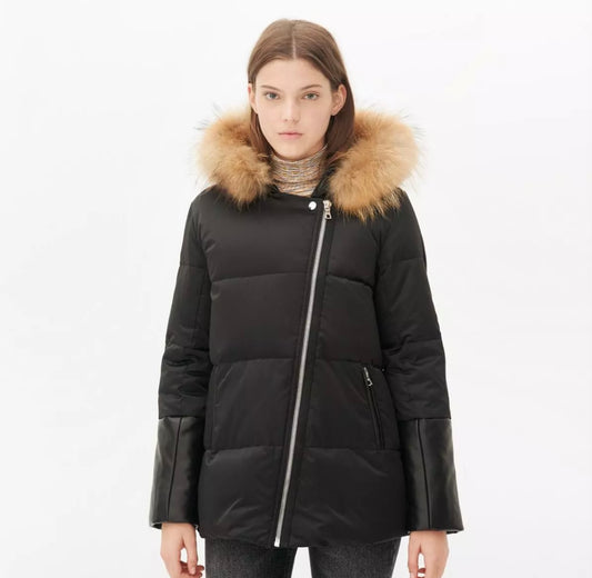 Sandro - Black Puffer Down Jacket W/ Genuine Fur Trim Hood